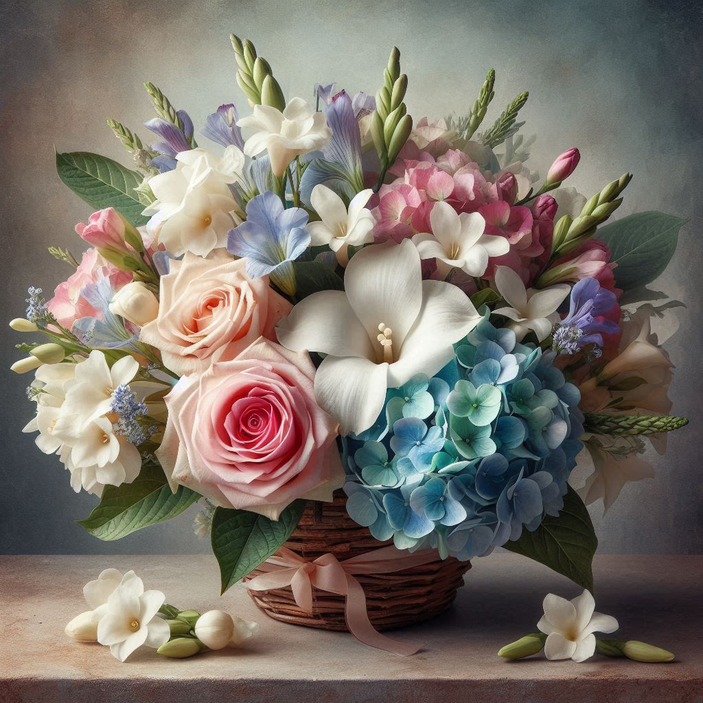 fresh floral bouquet of gardenia flowers, tea rose, gladioli, blue and pink hydrangea