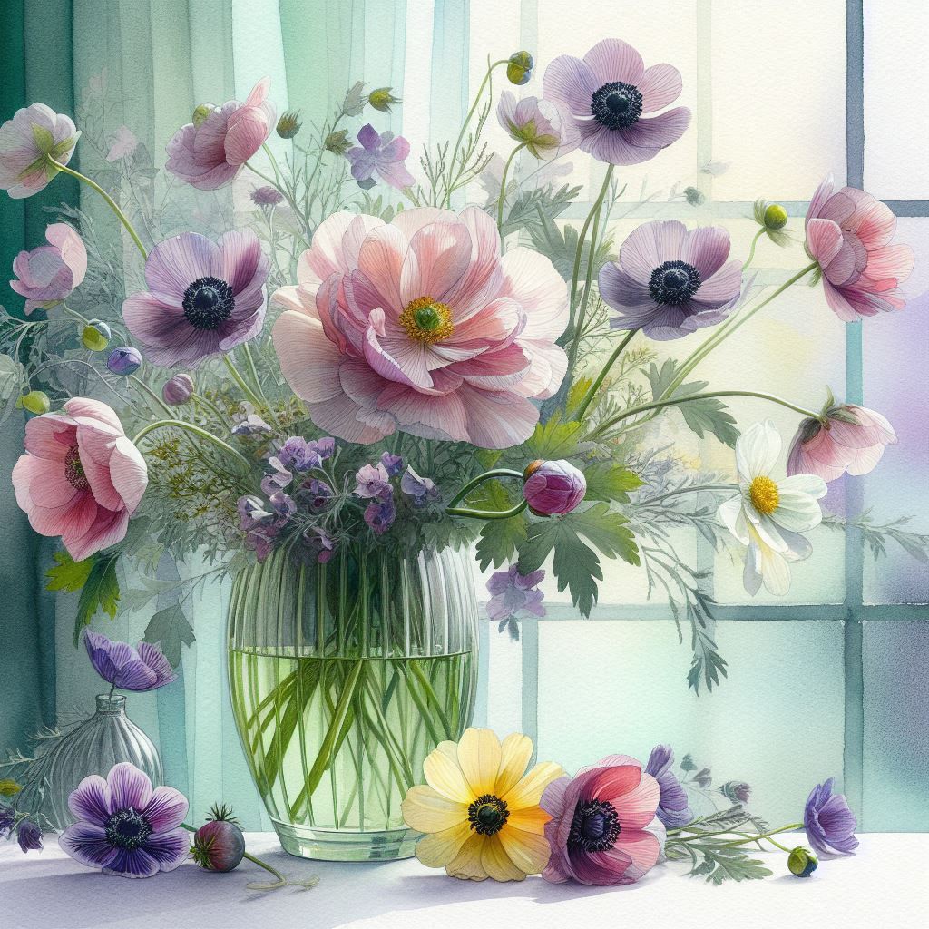 fresh floral bouquet of geranium flowers, peonies, anemones, and black-eyed susans