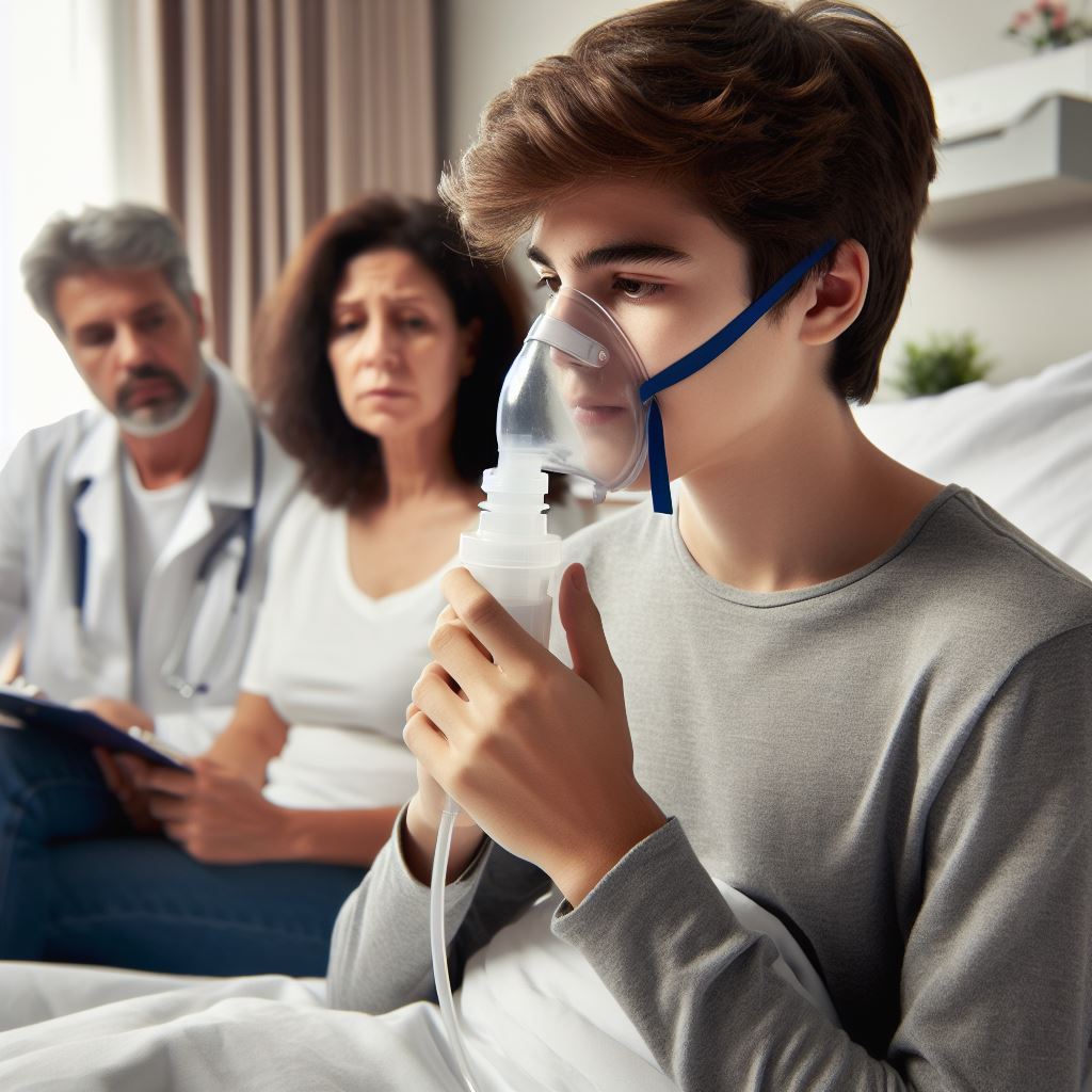 Teenager in hospital with asthma, on nebuliser