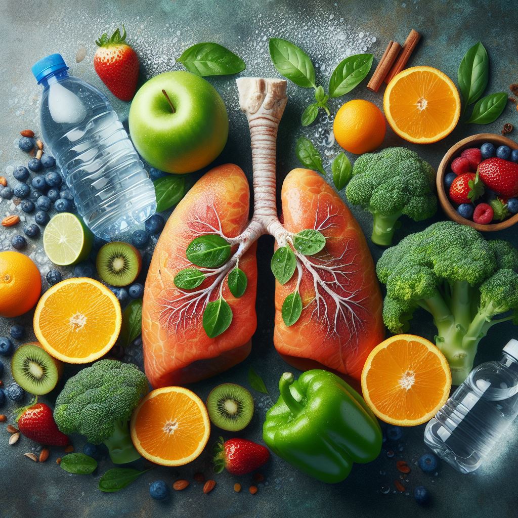 Healthy lungs with water, vegetables and fruit.