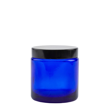 Blue Glass Cosmetic Pot 100ml with Black Wadded Cap