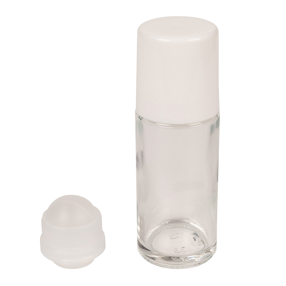 50ml Clear Glass Roll-on Bottle, Plastic Ball and White Cap