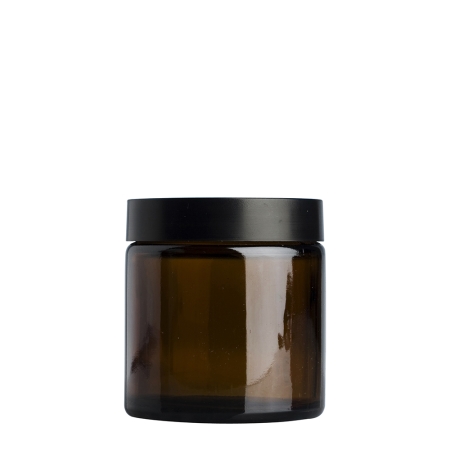 Amber Glass Cosmetic Pot 120ml with Shiny Black Wadded Cap - Click Image to Close